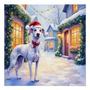 Póster Arte de Natal Greyhound Snowy Village Santa Hat
