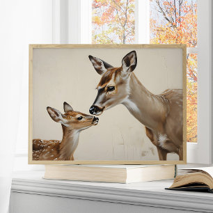 Poster Arte de natureza em aquarela da mãe cerva e filhot