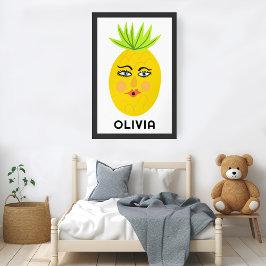 Poster Arte de Nome de BEBÊ PERSONALIZADO do ananás branc