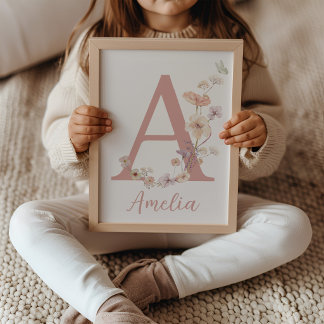 Poster Arte de Nome Monograma para Berçário Menina Flor S