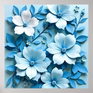 Poster Arte de origami floral em papel azul moderno e ele