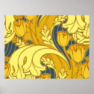 Póster Arte de Padrão Floral Dourada e Azul Vintage