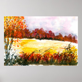 Póster Arte de Paisagem Abstrata em Aquarela Árvores de O