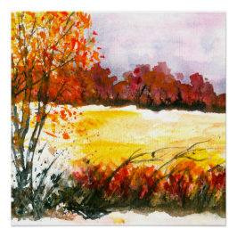 Póster Arte de Paisagem Abstrata em Aquarela Árvores de O