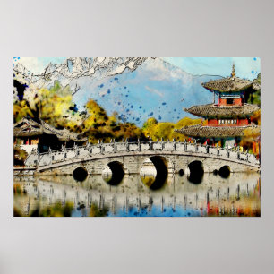 Poster Arte de Paisagem da Ponte Japonesa Vintage