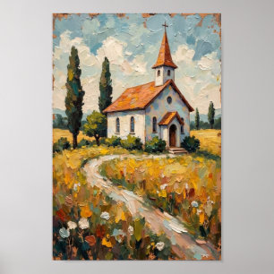 Poster Arte de Paisagem de Capela Rural Vintage