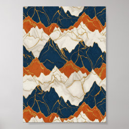 Poster Arte de Paisagem de Montanha Azul Vermelha Retro