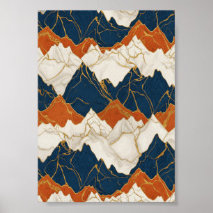 Poster Arte de Paisagem de Montanha Azul Vermelha Retro