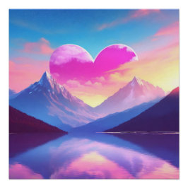Póster Arte de Paisagem do Pôr do Sol do Coração & Montan
