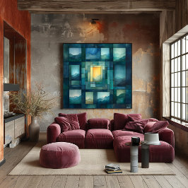 Póster Arte de Paisagem Geométrica abstrato - Azul e Dour