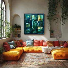 Póster Arte de Paisagem Geométrica Luz - Teal e Verde