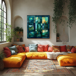 Póster Arte de Paisagem Geométrica Luz - Teal e Verde