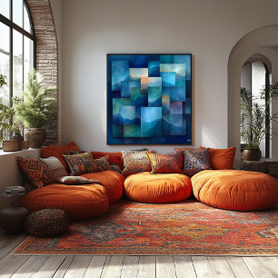 Póster Arte de Paisagem Montanhosa Geométrica – Azul e Ve