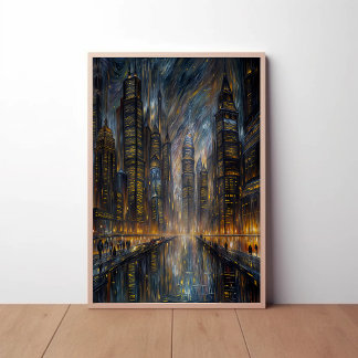 Póster Arte de Paisagem Urbana Futurista no Estilo Van Go