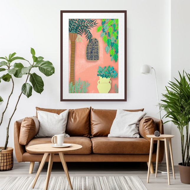 Poster Arte de Palmeira de Palma do Jardim do Marrocos (Morocco Garden Pink Walls Palm Tree Art Poster)