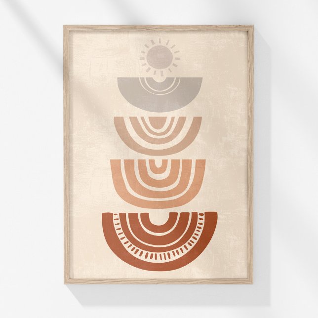 Poster Arte de Parede Abstrata Arco Sol Boho Neutro (Boho Muted Neutral Abstract Sun and Shapes Art Poster in a wooden frame on a sunny white wall.)