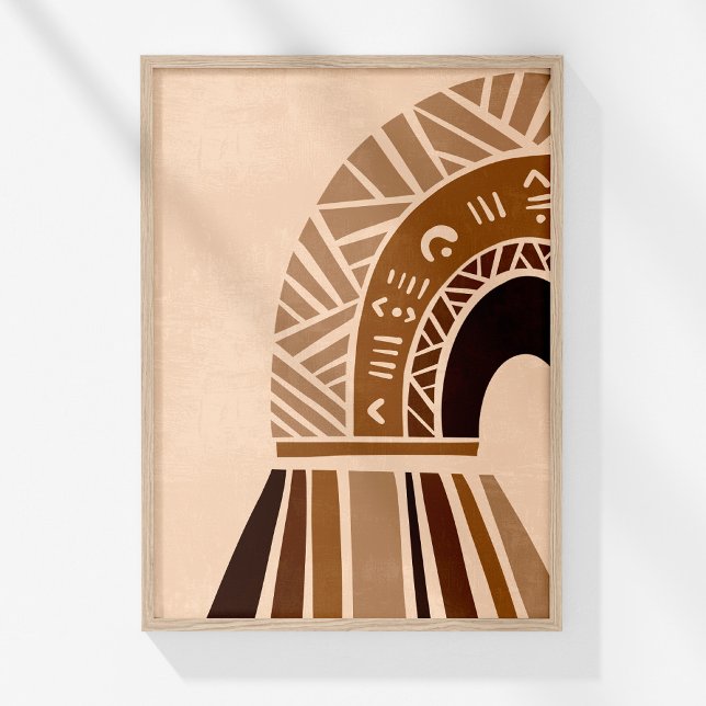 Poster Arte de Parede Abstrata Arqueada Tribal Boho Neutr (Boho Neutral Abstract Tribal Rainbow Wall Art in a wooden frame on a sunny white wall.)