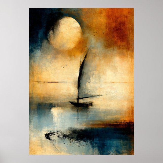 Poster Arte de Parede Abstrata de Barco Sumi-E Japonês Lu (Frente)
