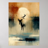 Arte de Parede Abstrata de Veado Japonês Sumi-E Lu