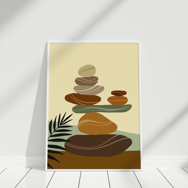 Poster Arte de Parede Abstrata em Terracota Zen Pedras Bo (Boho Terracotta Abstract Zen Stones Poster in white frame against white wall.)