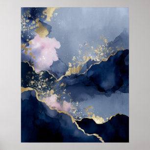 Poster Arte de Parede Abstrata Moderna Azul Naval Dourada