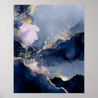 Poster Arte de Parede Abstrata Moderna Azul Naval Dourada