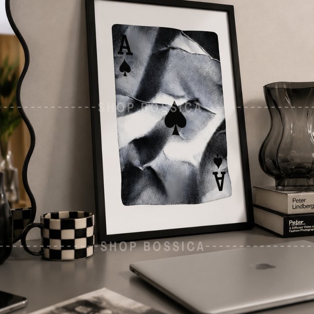 Poster Arte de Parede Abstrata Preto e Branco de Pôquer M (ace of spades poster, playing card wall art, poker wall decor, casino wall art, game room decor)