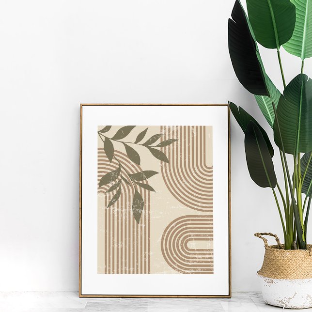 Poster Arte de Parede Abstrato Botânico Arco-Íris Boho Ne (Neutral Abstract Rainbows and Botanical Wall Art in a neutral frame next to a boho plant.)