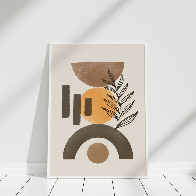 Poster Arte de Parede Abstrato Geométrico Botânico Boho M (Modern Earth Tone Color Abstract Botanical Poster in white frame against white wall.)