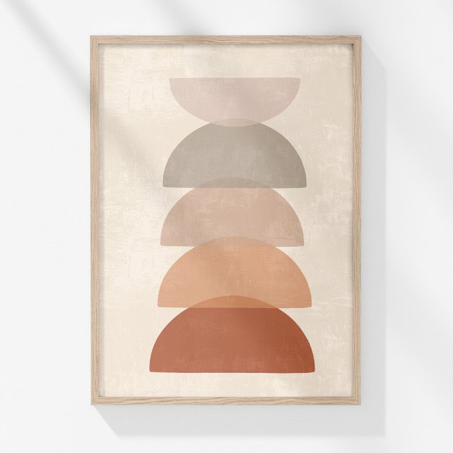 Poster Arte de Parede Abstrato Neutro Boho Sol de Terraco (Boho Muted Terracotta Neutral Abstract Bowls Art Poster in a wooden frame on wihte wall.)