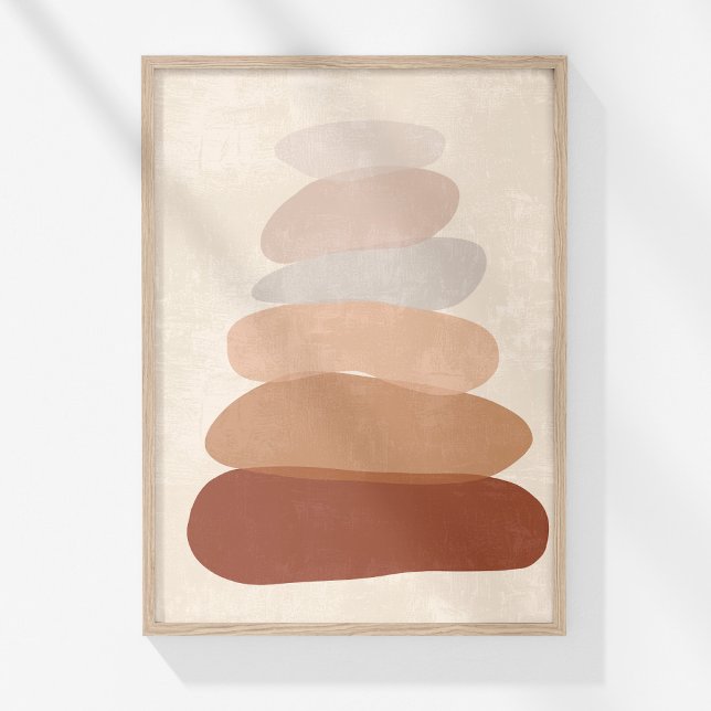 Poster Arte de Parede Abstrato Pedras Boho Zen Neutro Pos (Boho Muted Neutral Abstract Zen Stones Art Poster in a wooden frame on a sunny white wall.)
