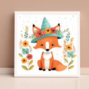 Poster Arte de Parede Adorável de Raposa Vermelha Floral 