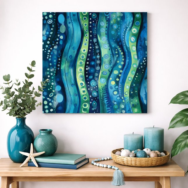 Poster Arte de Parede Aquarela Abstrata Azul Verde (Blue and green abstract boho waves)