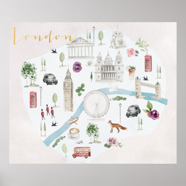 Poster Arte de Parede Aquarela Ilustrada de Londres (Frente)