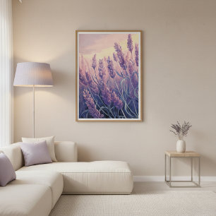 Poster Arte de Parede Aquarela Moderna Campo de Lavanda