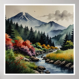Poster Arte de Parede Aquarela Montanhas Japonesas