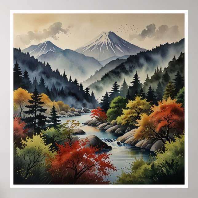 Poster Arte de Parede Aquarela Montanhas Japonesas (Frente)