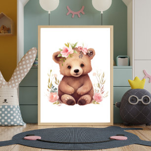 Poster Arte de Parede Aquarela Ursinho Rosa para Berçário
