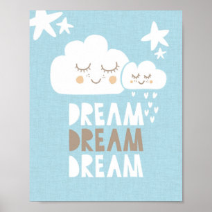 Poster Arte de Parede Azul de Sonhos Nuvens e Estrelas