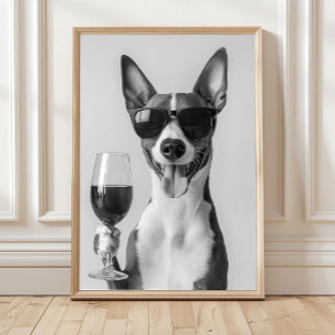 Poster Arte de Parede Basenji Bebendo Vinho, Preto e Bran