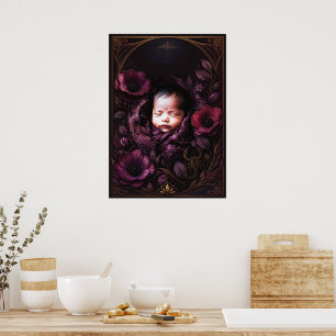 Poster Arte de Parede Bebê Místico e Flores Roxas