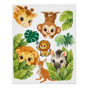 Póster Arte de Parede Berçário Amigos Safari Peek-a-Boo