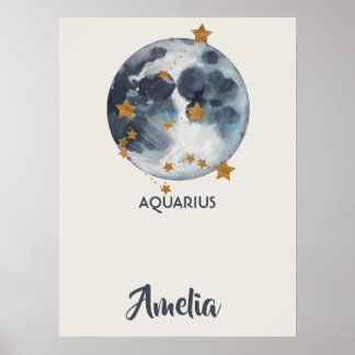 Poster Arte de Parede Berçário Aquário Celestial Zodíaco