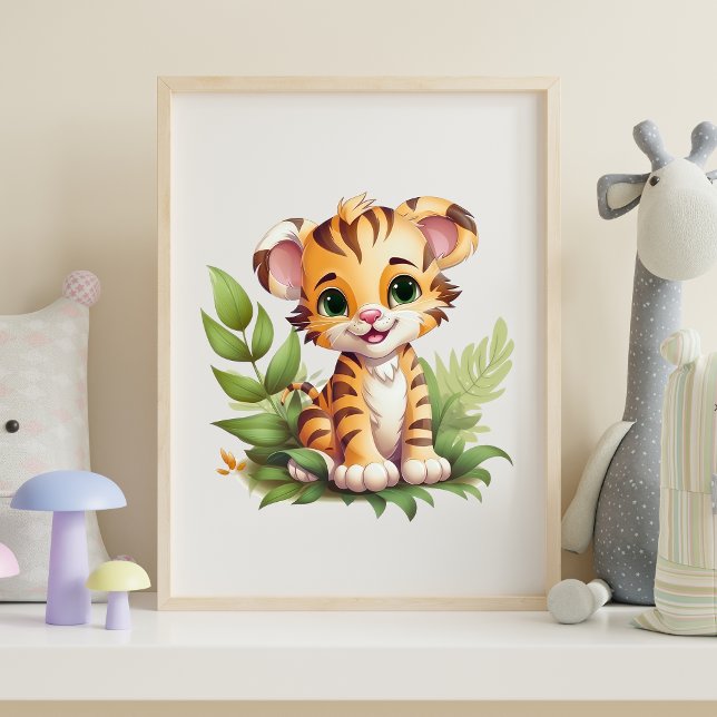 Poster Arte de Parede Berçário Folhas da Selva do Tigre B (Baby Tiger with Jungle Leaves Nursery Wall Art Poster Print Available in many sizes, Framed or not)