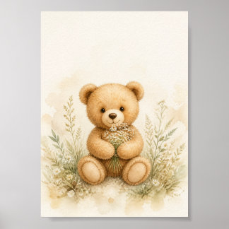 Poster Arte de Parede Berçário Urso de Pelúcia Aquarela –
