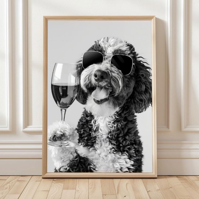 Poster Arte de Parede Bernedoodle Bebendo Vinho, Preto e  (Criador carregado)