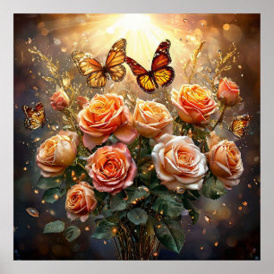 Poster 🌹 Arte de Parede Borboleta Rosa Pêssego Floral de