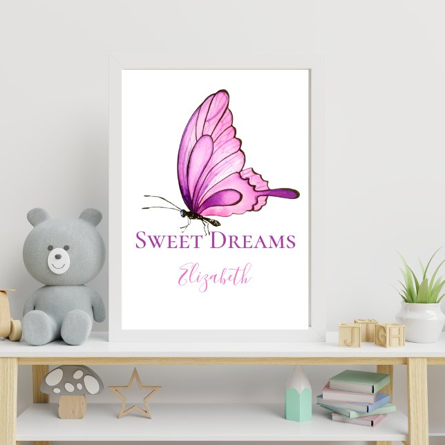 Poster Arte de Parede Borboleta Rosa Roxo Aquarela para Q (Purple pink Butterfly Personalized Nursery Wall Art)