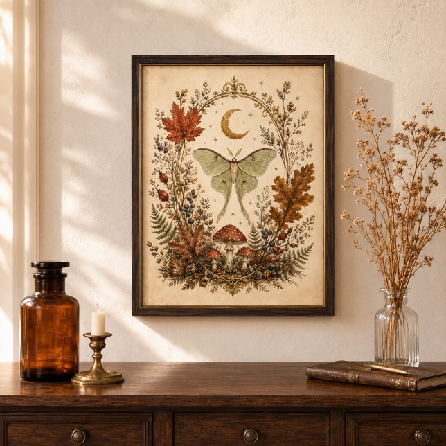Poster Arte de Parede Botânica Bruxística da Mariposa Lun (Victorian Luna Moth Botanical Witchy Wall Art)