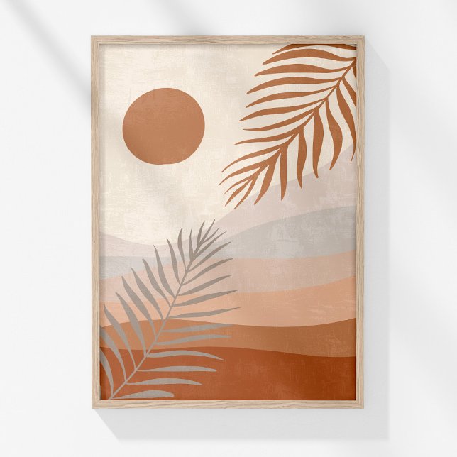 Poster Arte de Parede Botânica com Paisagem Neutral de Bo (Boho Neutral Abstract Landscape Botanical Wall Art in a wooden frame on a sunny white wall.)